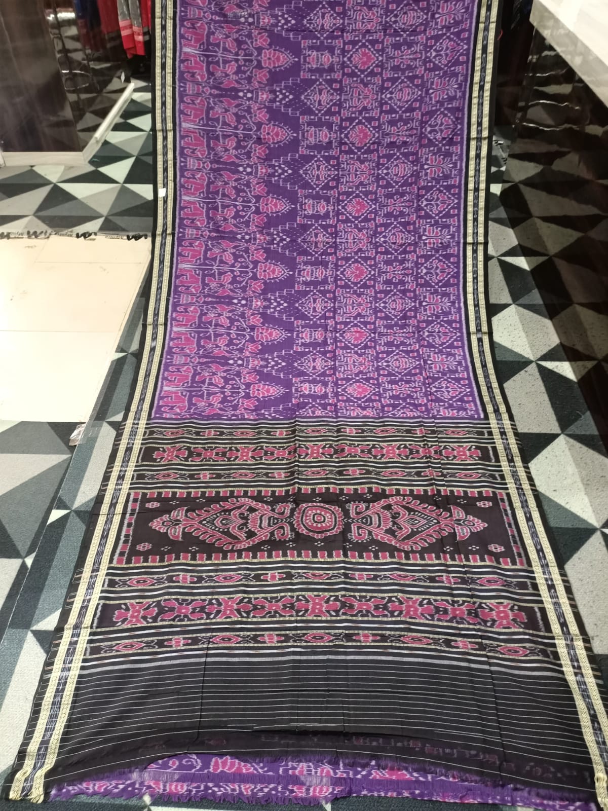Purple Black Animal & Tree Design Khandua Cotton Saree