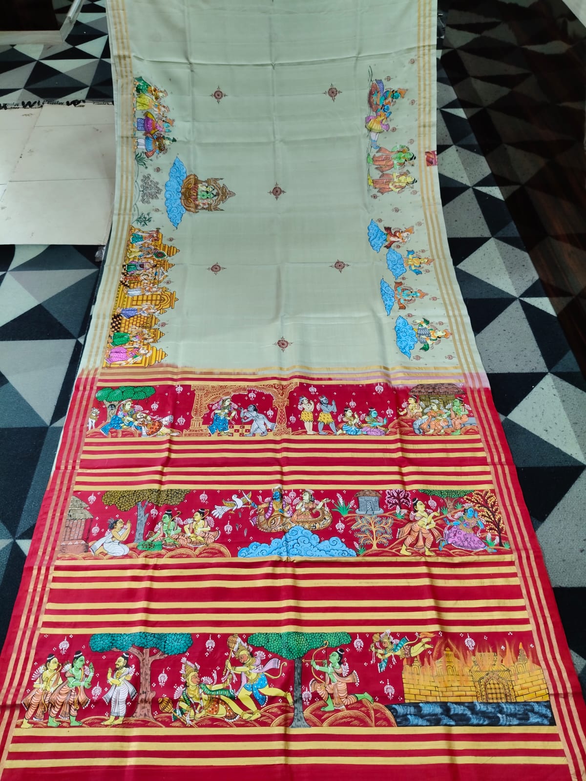 Pastel Green Magenta Ramayana Story Theme Pattachitra Kanjeeveram Silk Saree