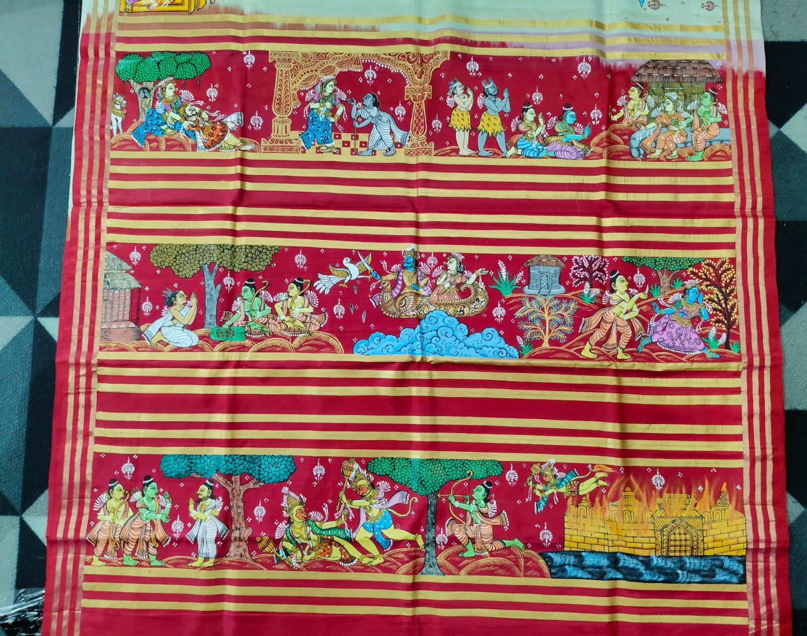Pastel Green Magenta Ramayana Story Theme Pattachitra Kanjeeveram Silk Saree