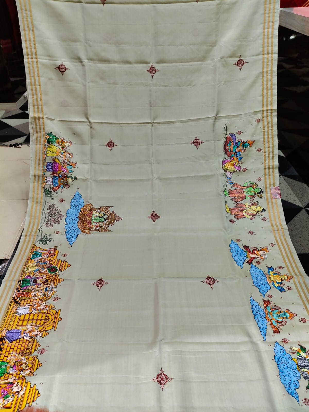 Pastel Green Magenta Ramayana Story Theme Pattachitra Kanjeeveram Silk Saree