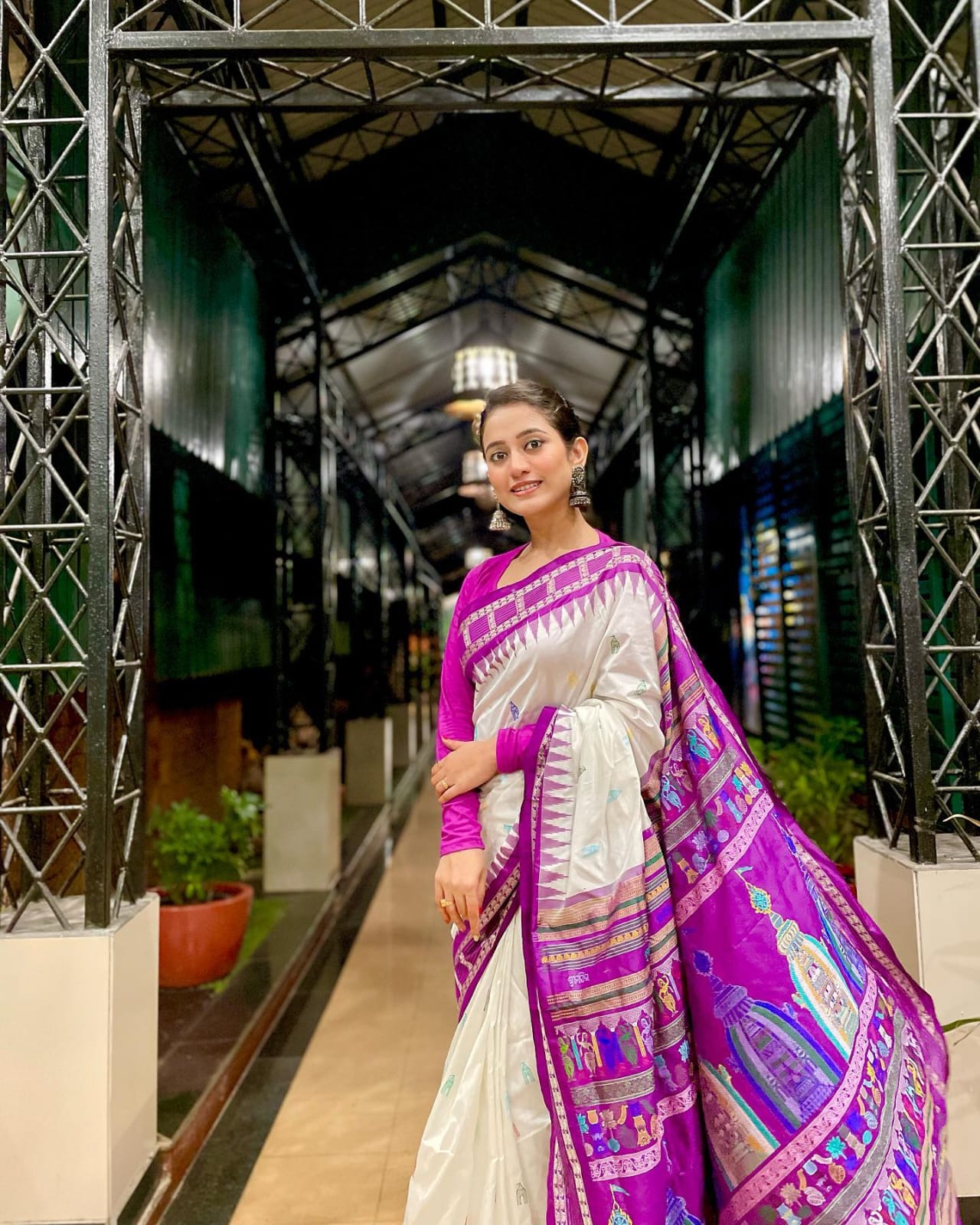 White Purple Sri Mandir Sambalpuri Silk Saree