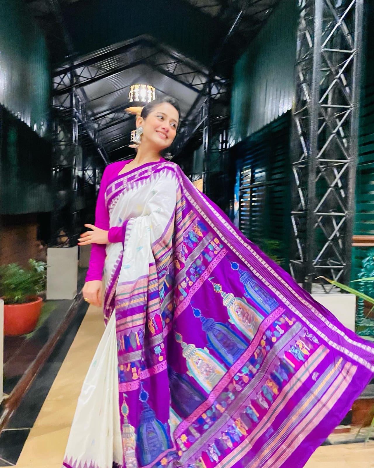 White Purple Sri Mandir Sambalpuri Silk Saree