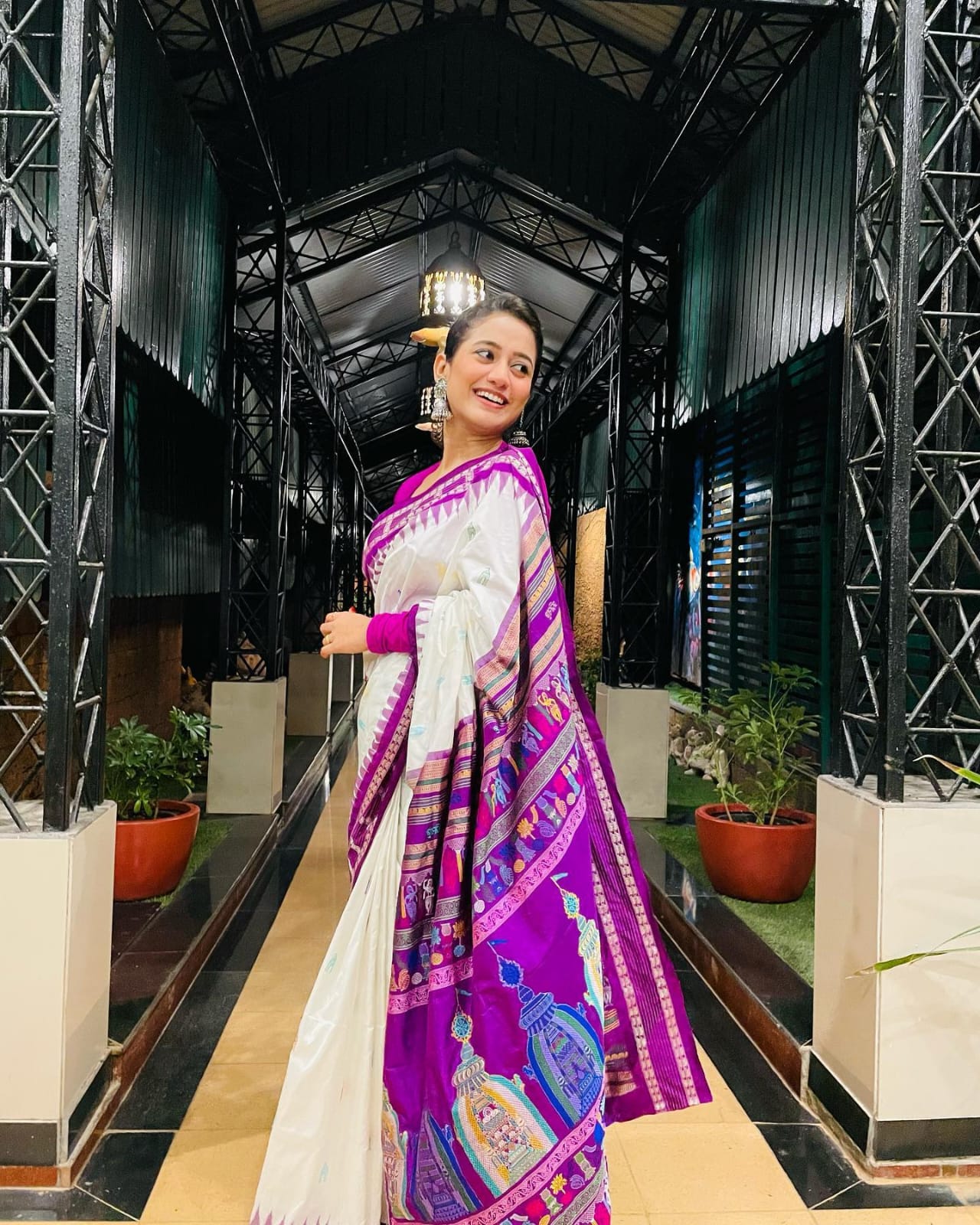 White Purple Sri Mandir Sambalpuri Silk Saree