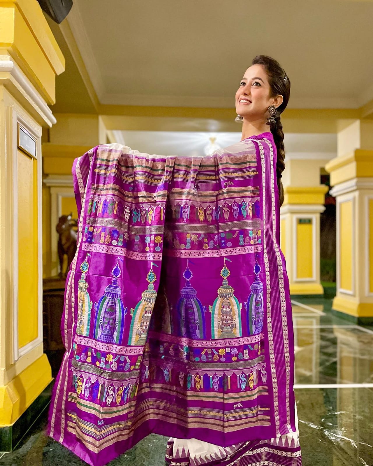 White Purple Sri Mandir Sambalpuri Silk Saree