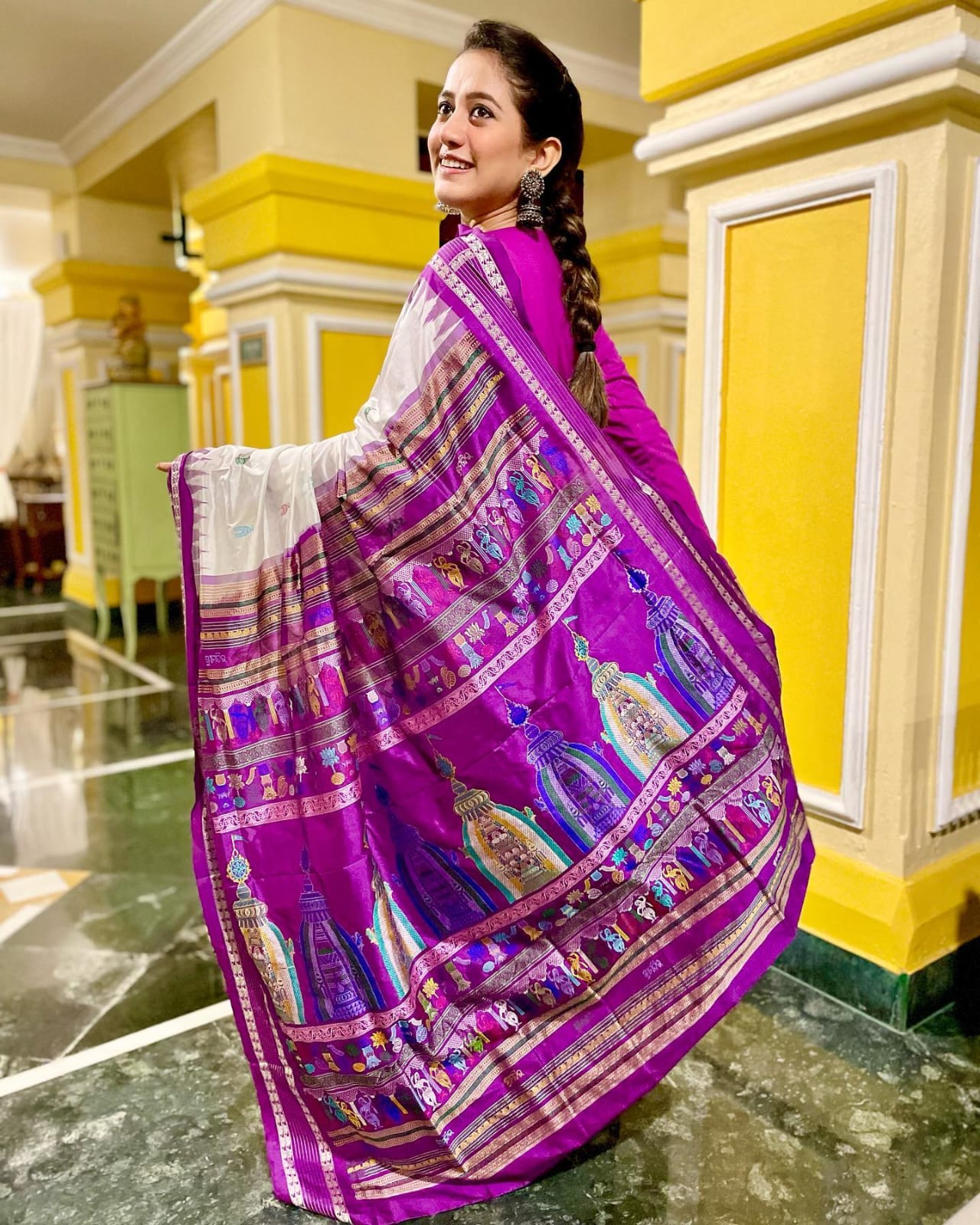 White Purple Sri Mandir Sambalpuri Silk Saree