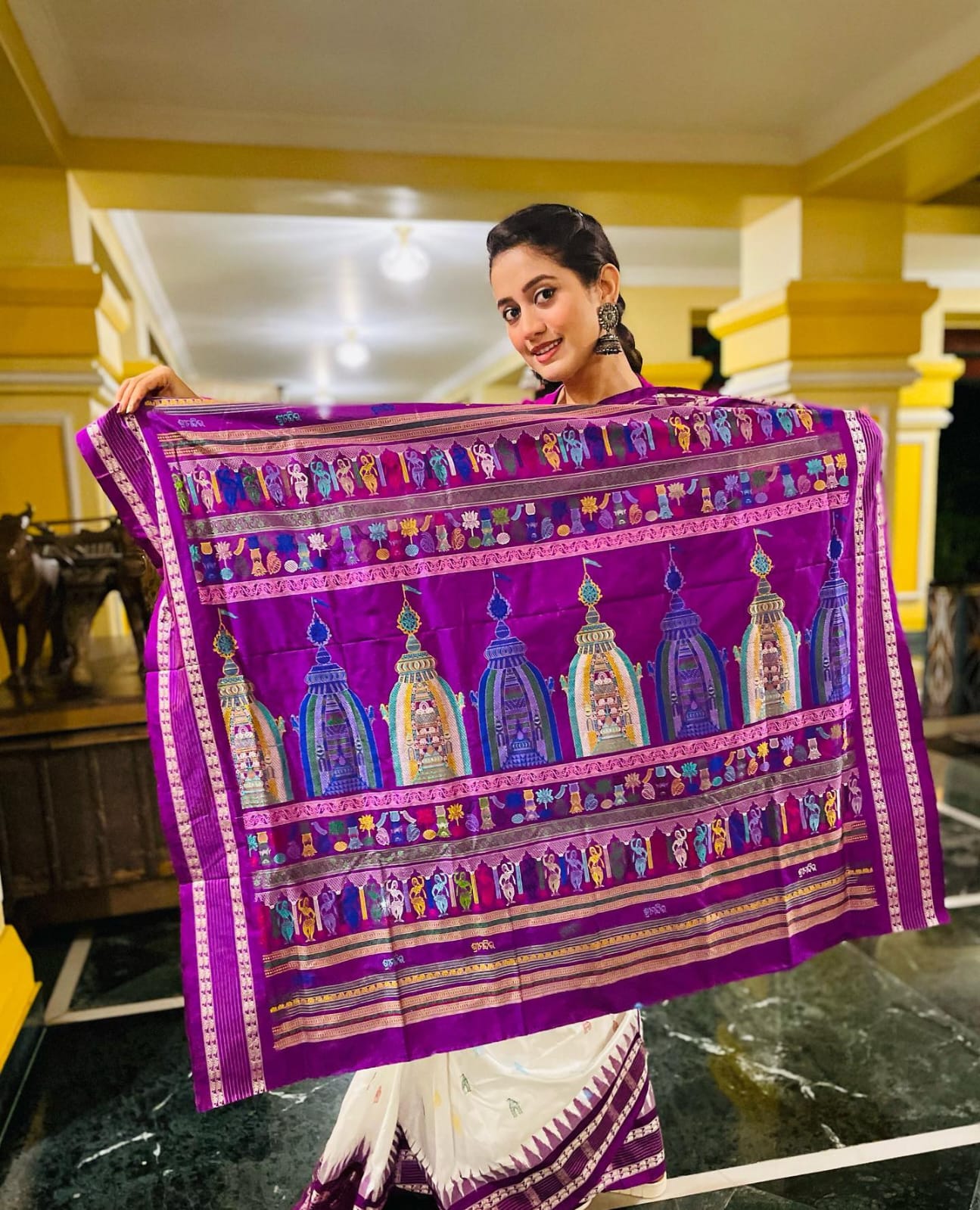 White Purple Sri Mandir Sambalpuri Silk Saree