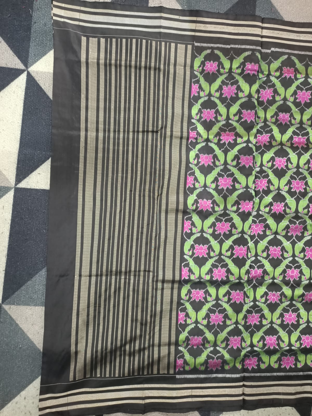 Black Dual Parrot & Lotus Design Sambalpuri Silk Saree