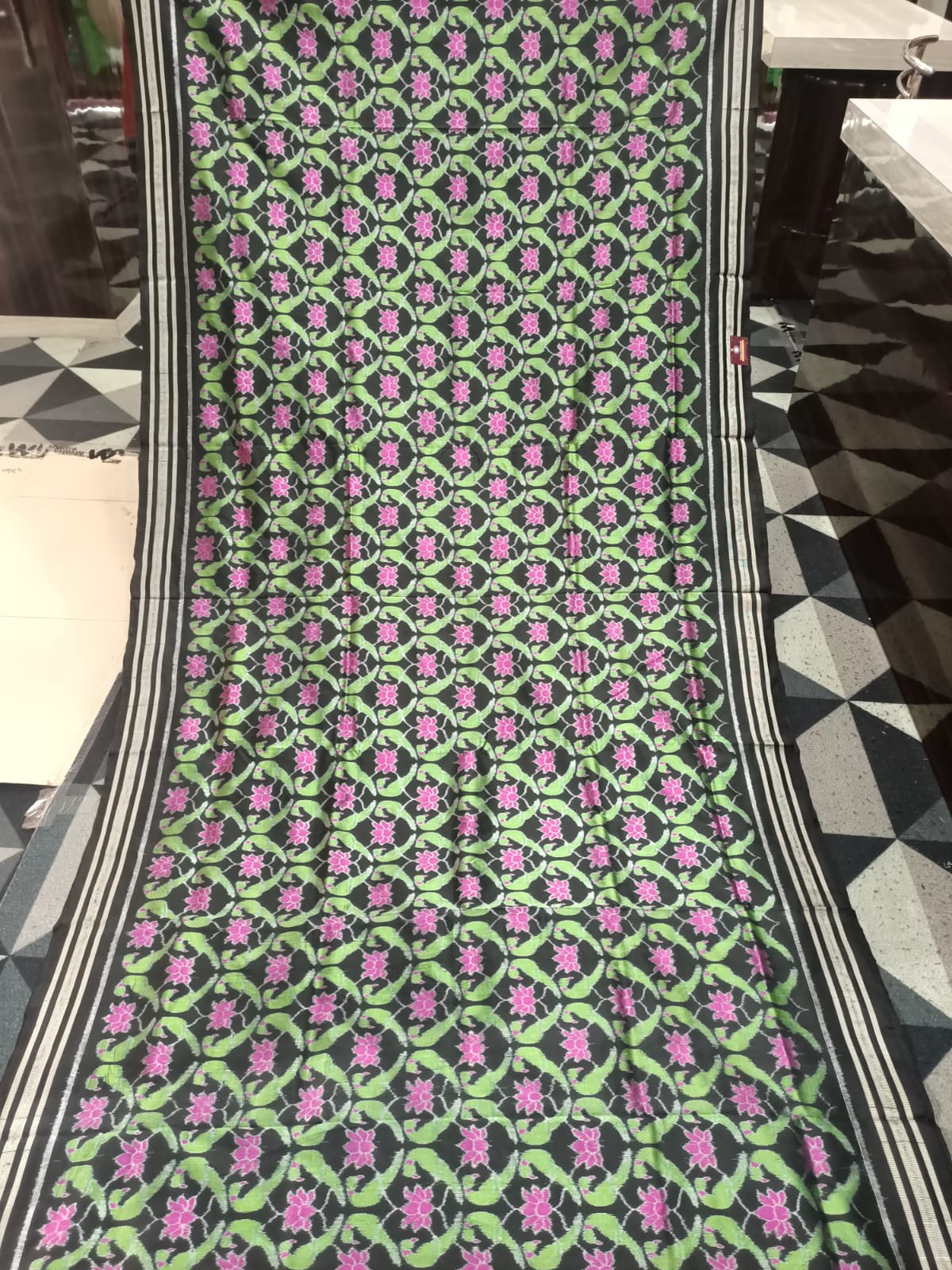 Black Dual Parrot & Lotus Design Sambalpuri Silk Saree
