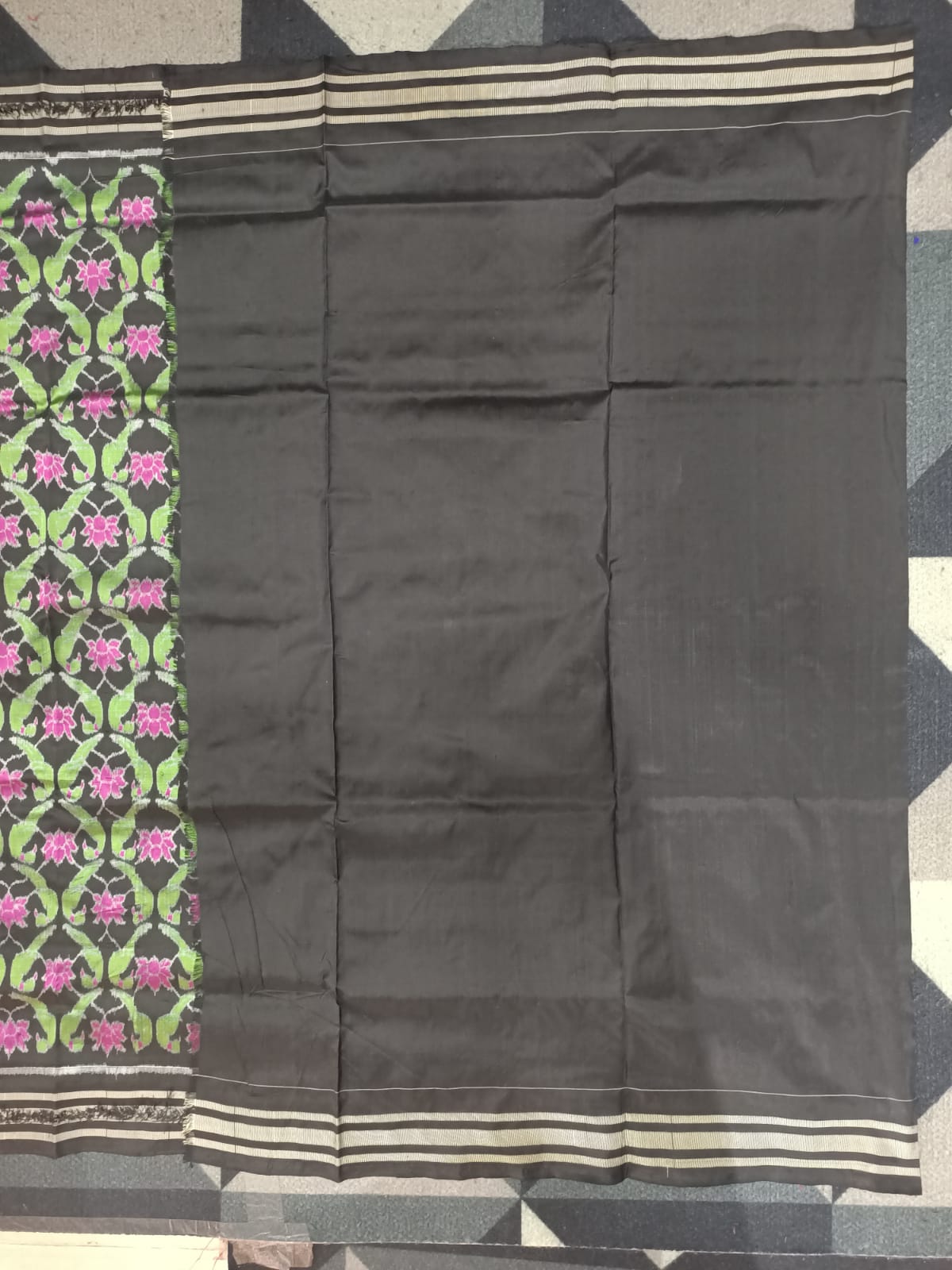Black Dual Parrot & Lotus Design Sambalpuri Silk Saree