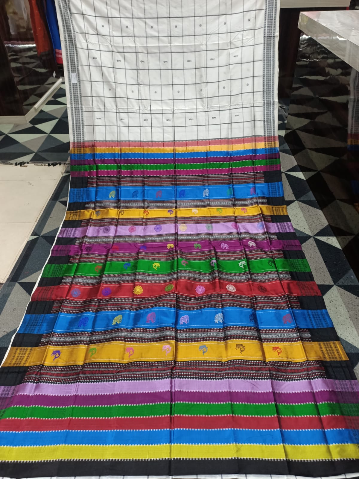 White Black Checks Fish Multicolor Double Anchal Berhampuri Silk Saree