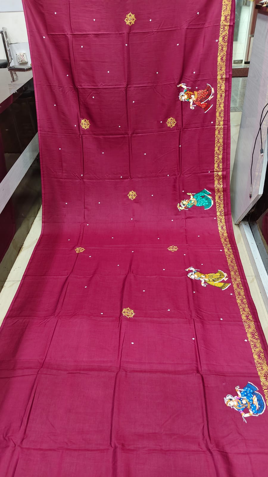 Maroon Navagunjara Theme Pattachitra Khadi Silk Saree