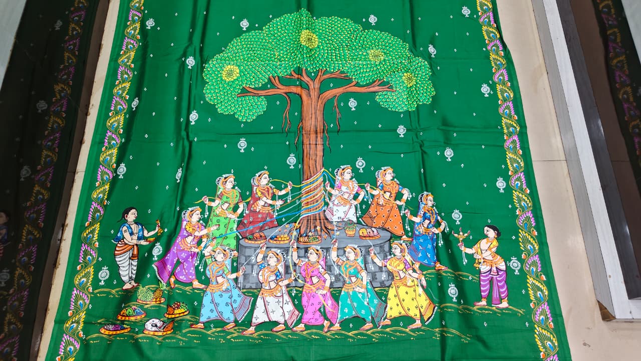 Green Bata Savitri Theme Pattachitra Khadi Silk Saree