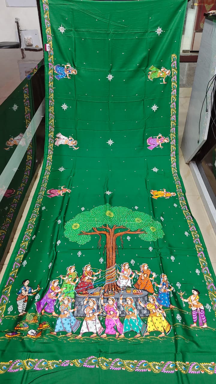 Green Bata Savitri Theme Pattachitra Khadi Silk Saree