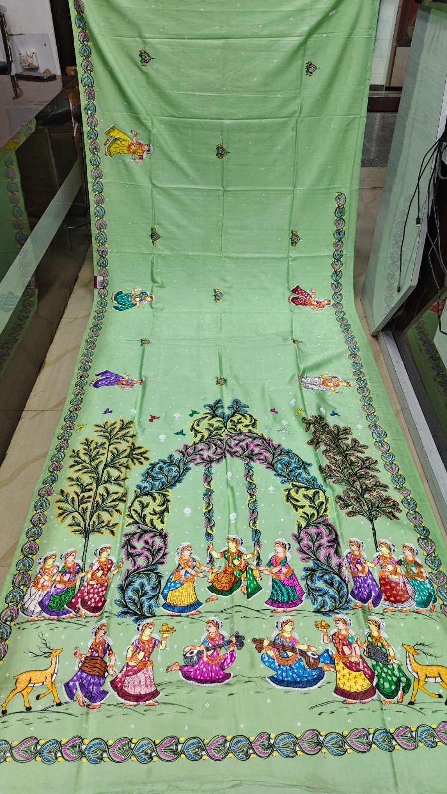 Pista Raja Doli Theme Pattachitra Khadi Silk Saree