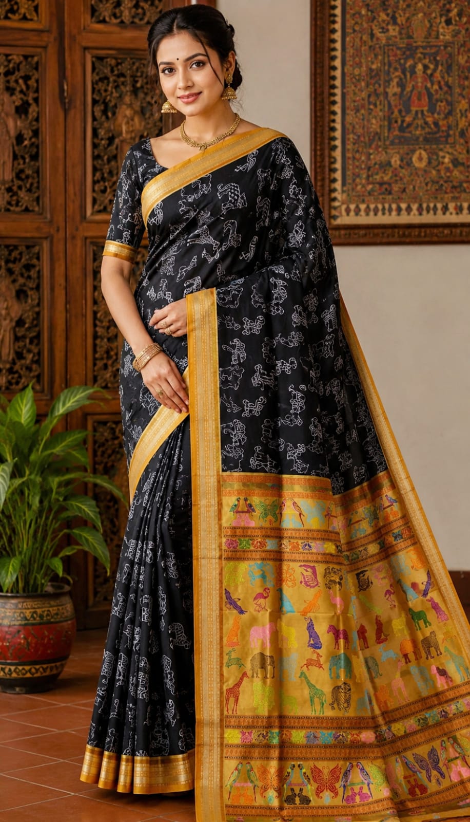 Black Mustard Yellow Animal Planet Sambalpuri Silk Saree