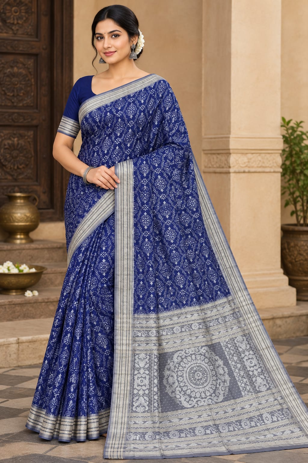 Indigo Blue Grey Flower Design Sambalpuri Silk Saree