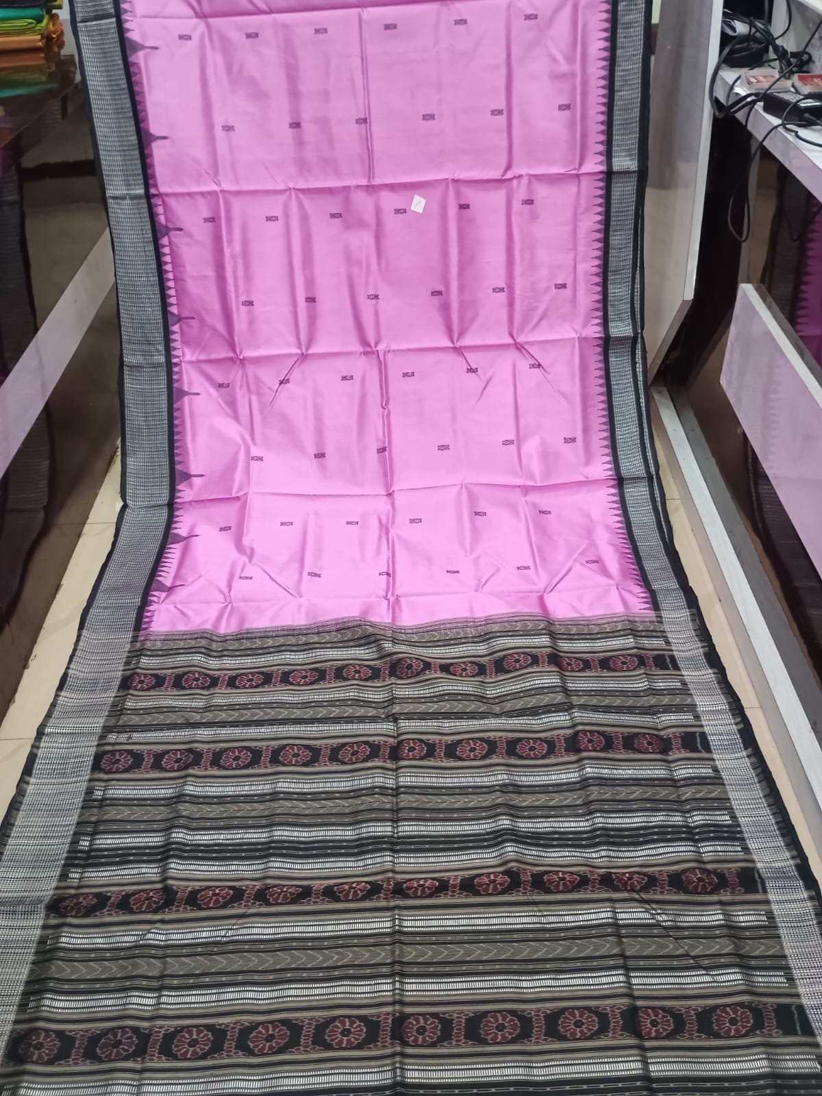 Pink and Black Sambalpuri Handloom Saree with Ikat Pallu