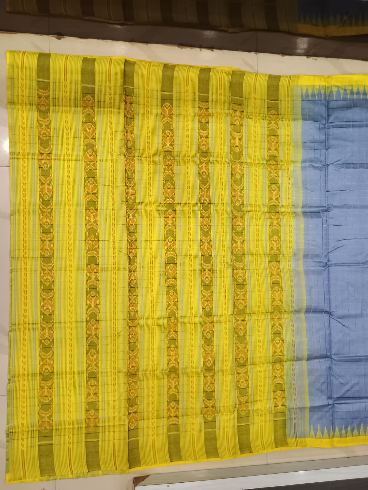 Steel Gray and Canary Yellow Sambalpuri Handloom Saree with Ikat Pallu