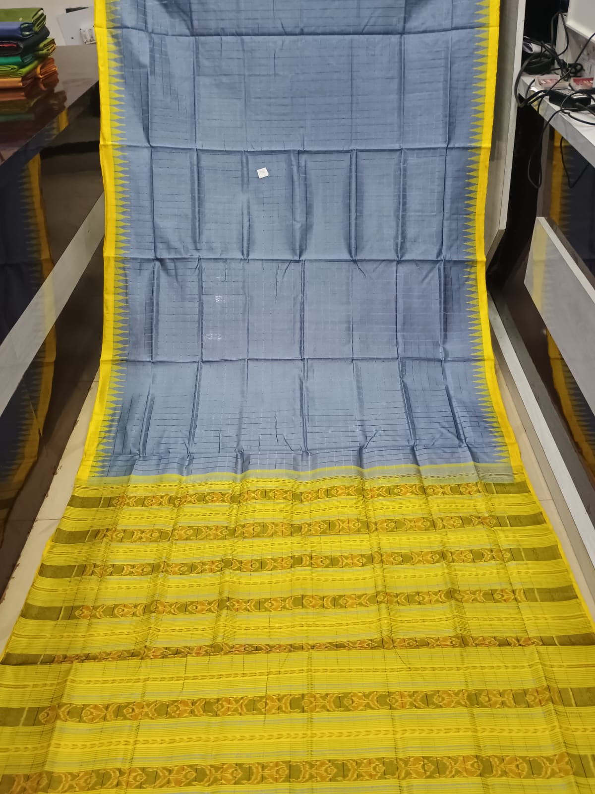 Steel Gray and Canary Yellow Sambalpuri Handloom Saree with Ikat Pallu
