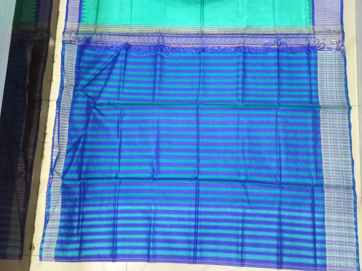 Sea Green and Royal Blue Sambalpuri Handloom Saree with Ikat Pallu