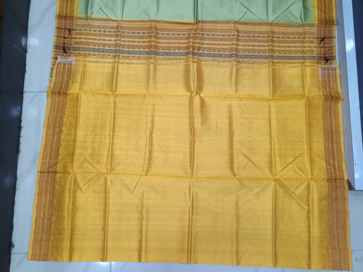 Olive Green and Mustard Yellow Sambalpuri Handloom Saree with Ikat Pallu