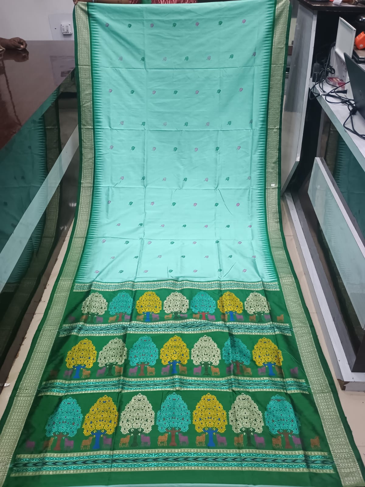 Mint Green and Deep Forest Green Handwoven Sambalpuri Bomkai Silk Saree