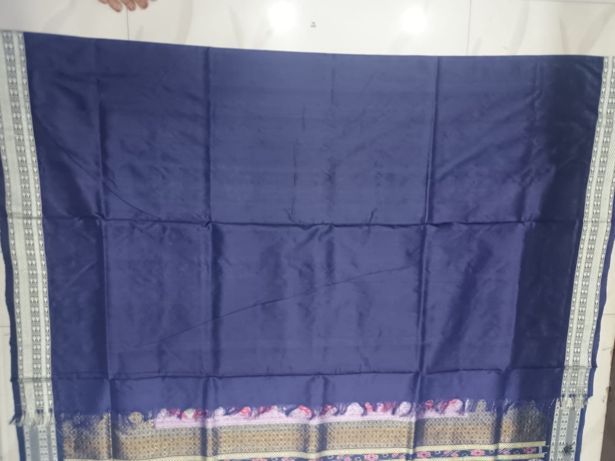 Turquoise Blue and Navy Blue Handwoven Bomkai Silk Saree with Tree of Life Pallu