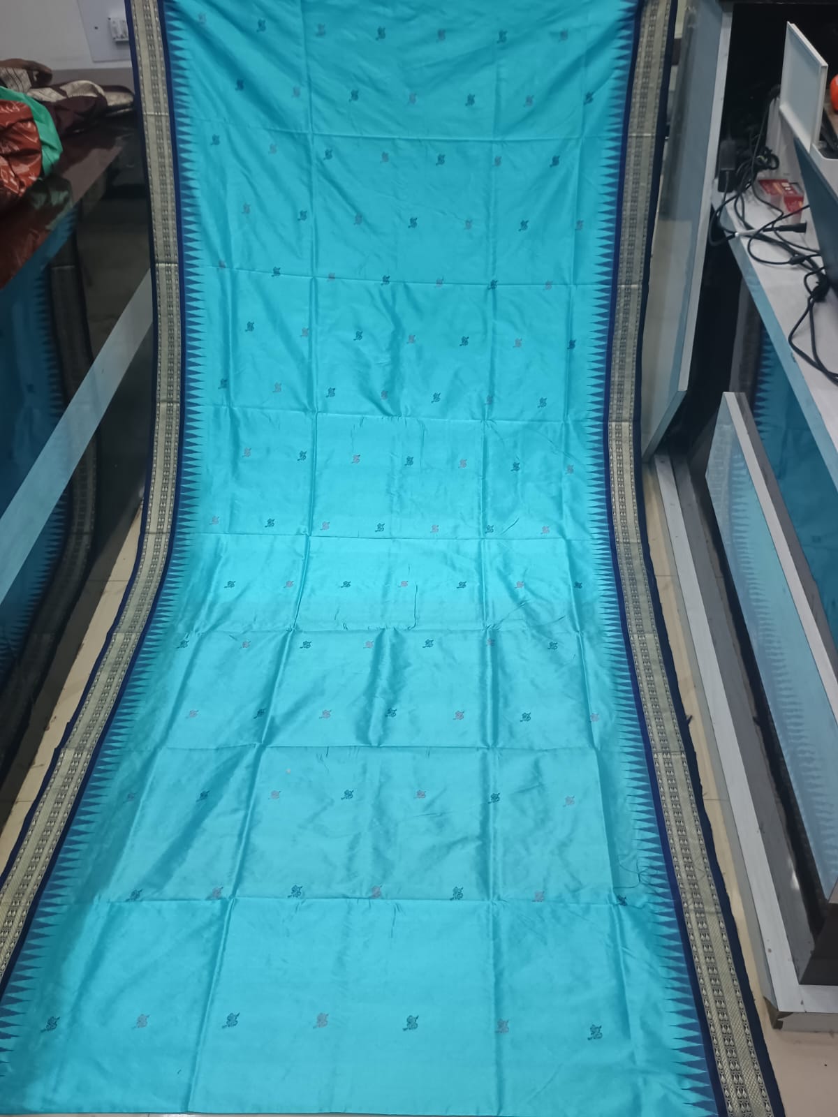 Turquoise Blue and Navy Blue Handwoven Bomkai Silk Saree with Tree of Life Pallu