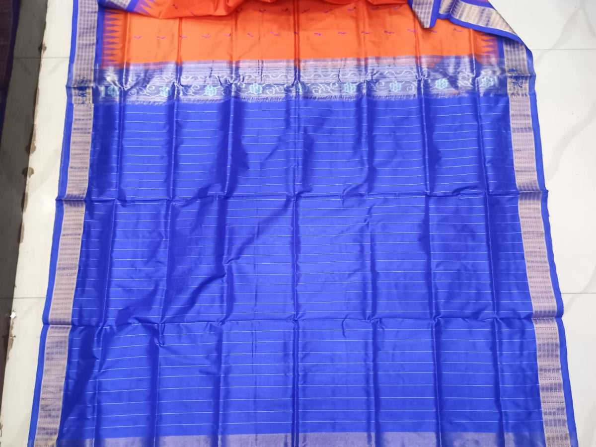 Mandarin Orange and Royal Blue Handwoven Bomkai Half Tissue Silk Saree