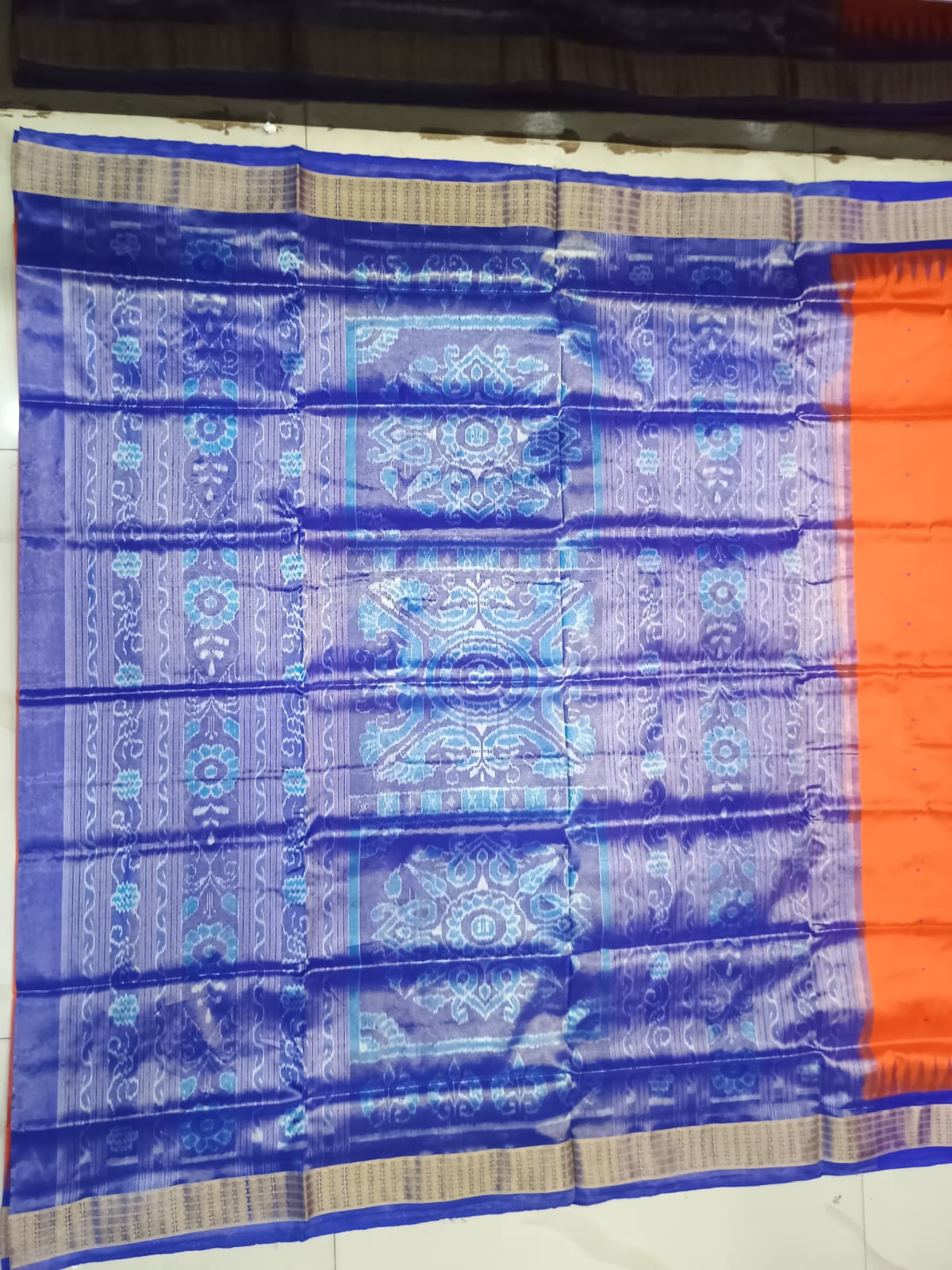 Mandarin Orange and Royal Blue Handwoven Bomkai Half Tissue Silk Saree