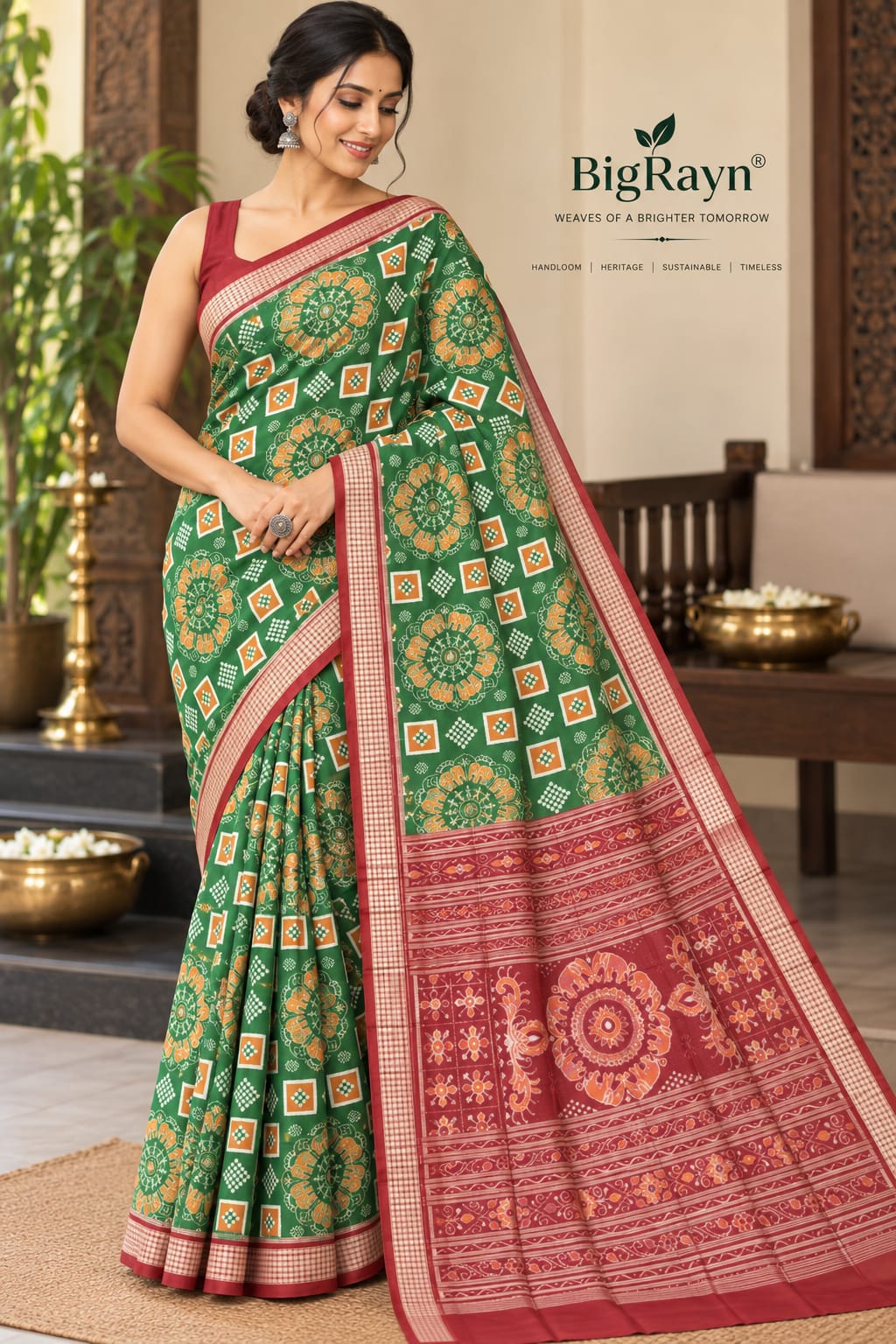 Parrot Green and Brick Red Round Elephant With Pasapali Design Handwoven Sambalpuri Saree