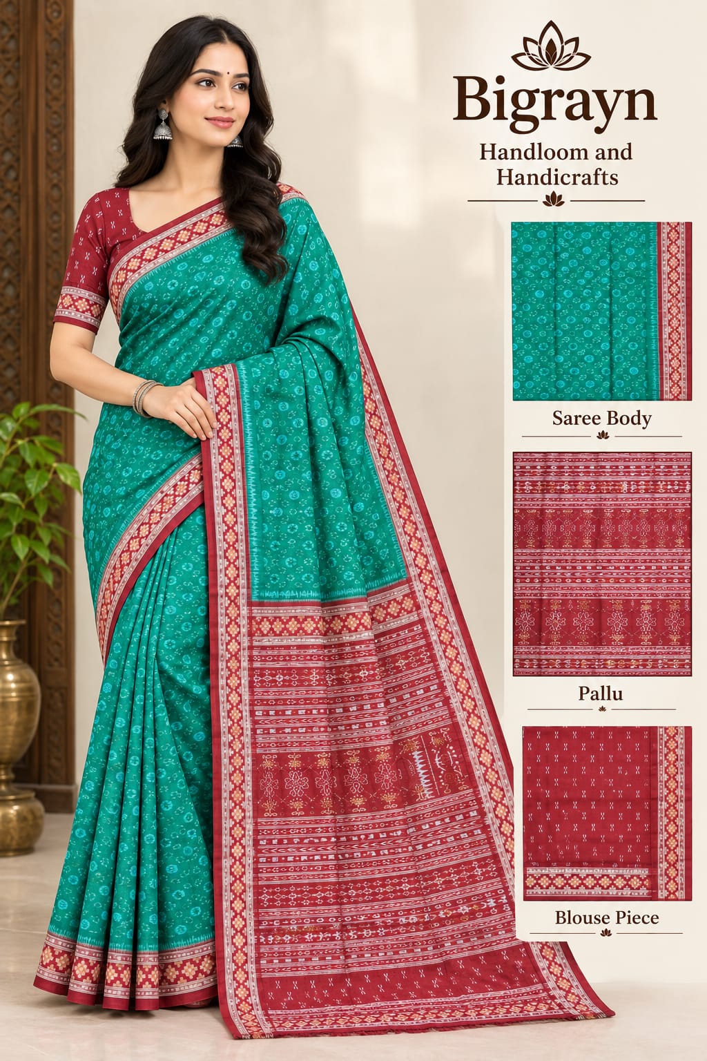 Copper Sulphate Maroon Pasapali Border Tribal & Flower Design Odisha Handloom Sambalpuri Silk Saree