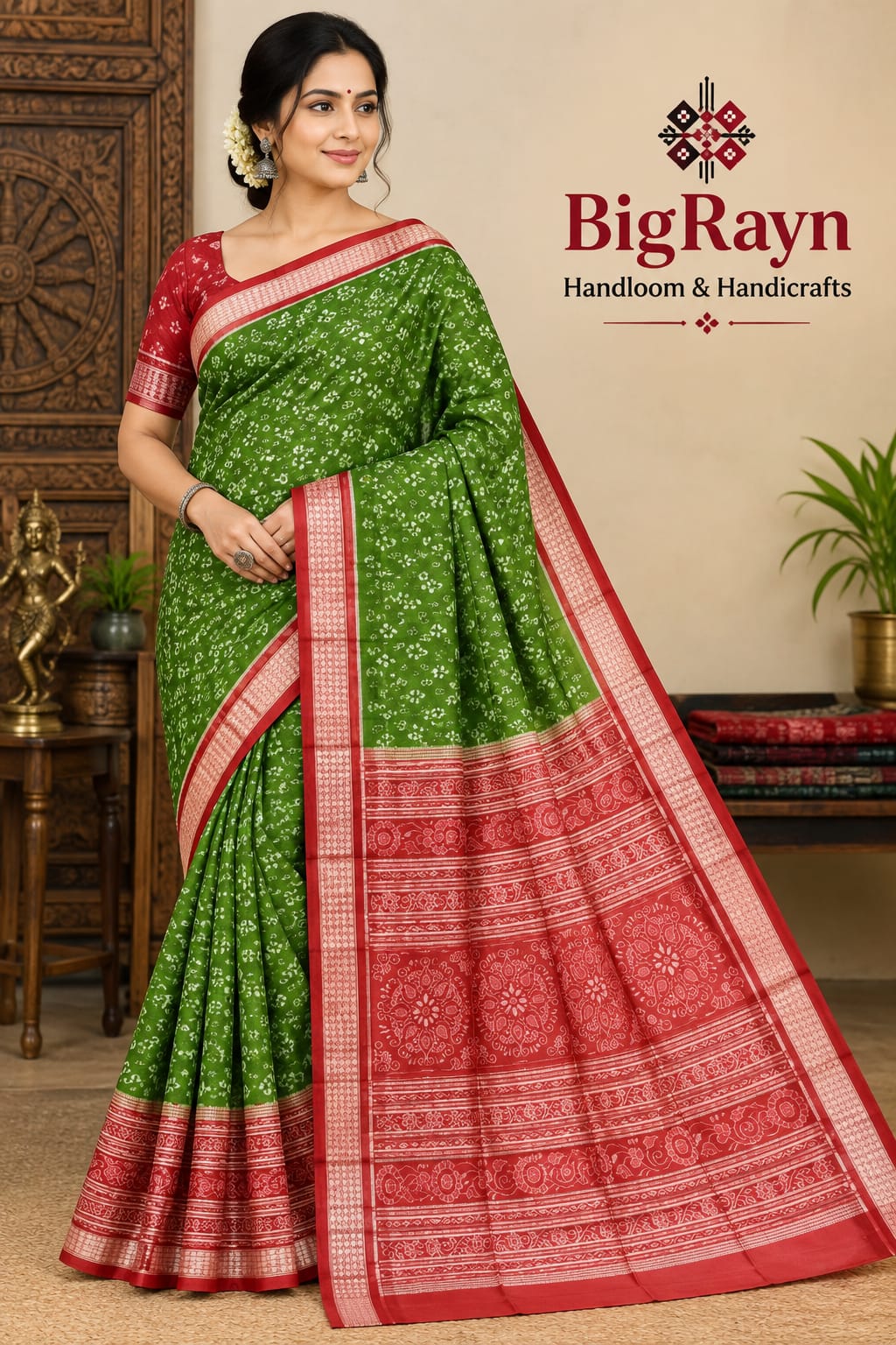 Mehendi Green Red Tribal & Flower Design Sambalpuri Silk Saree