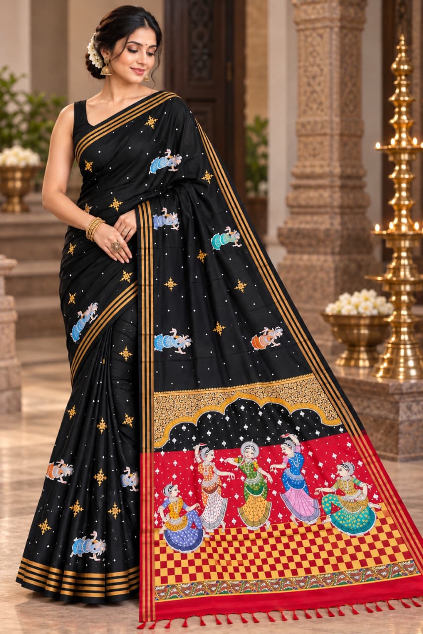 Black Rani Pink Odissi Dancer Theme Pattachitra Kanjeeveram Silk Saree