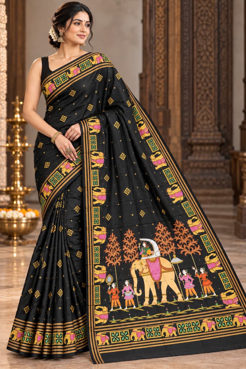 Black Ashoka Theme Pattachitra Kanjeeveram Silk Saree