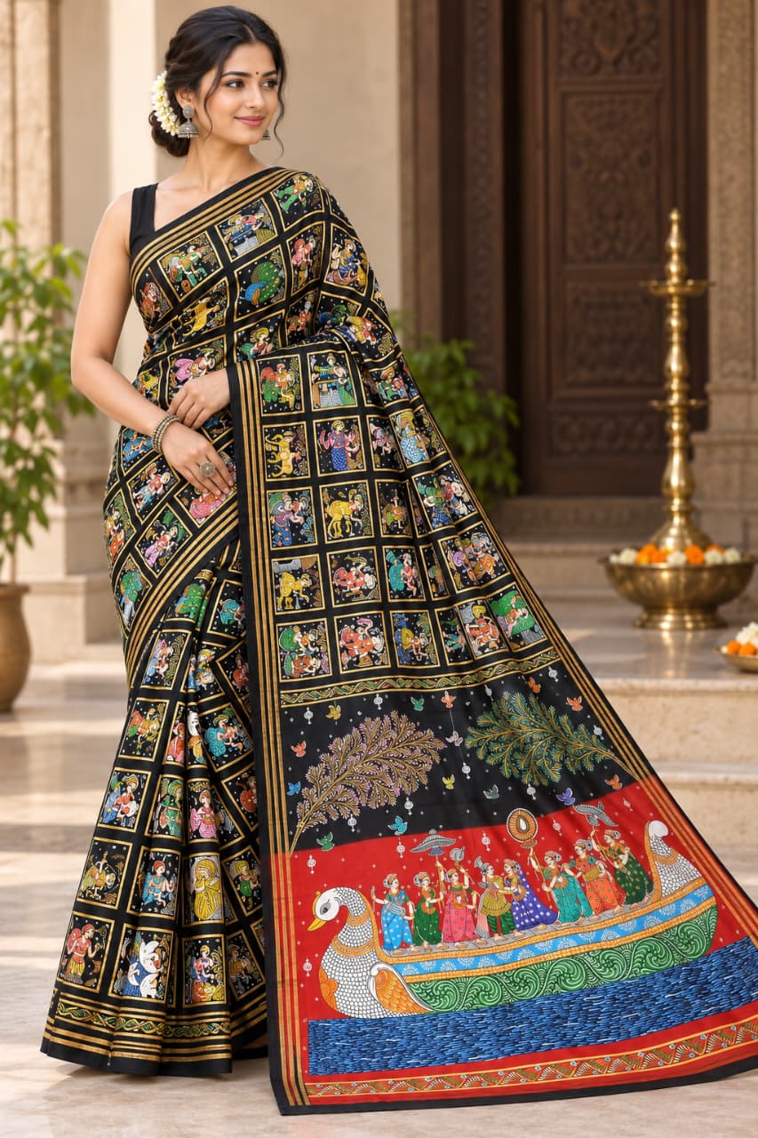 Black Red Small Box Boita Theme Pattachitra Kanjeeveram Silk Saree