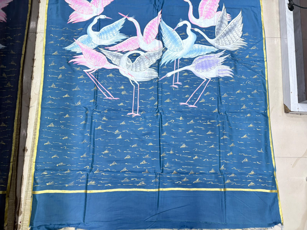 Teal blue Crane And Wetland Handpainted Pattachitra Khadi Silk Saree
