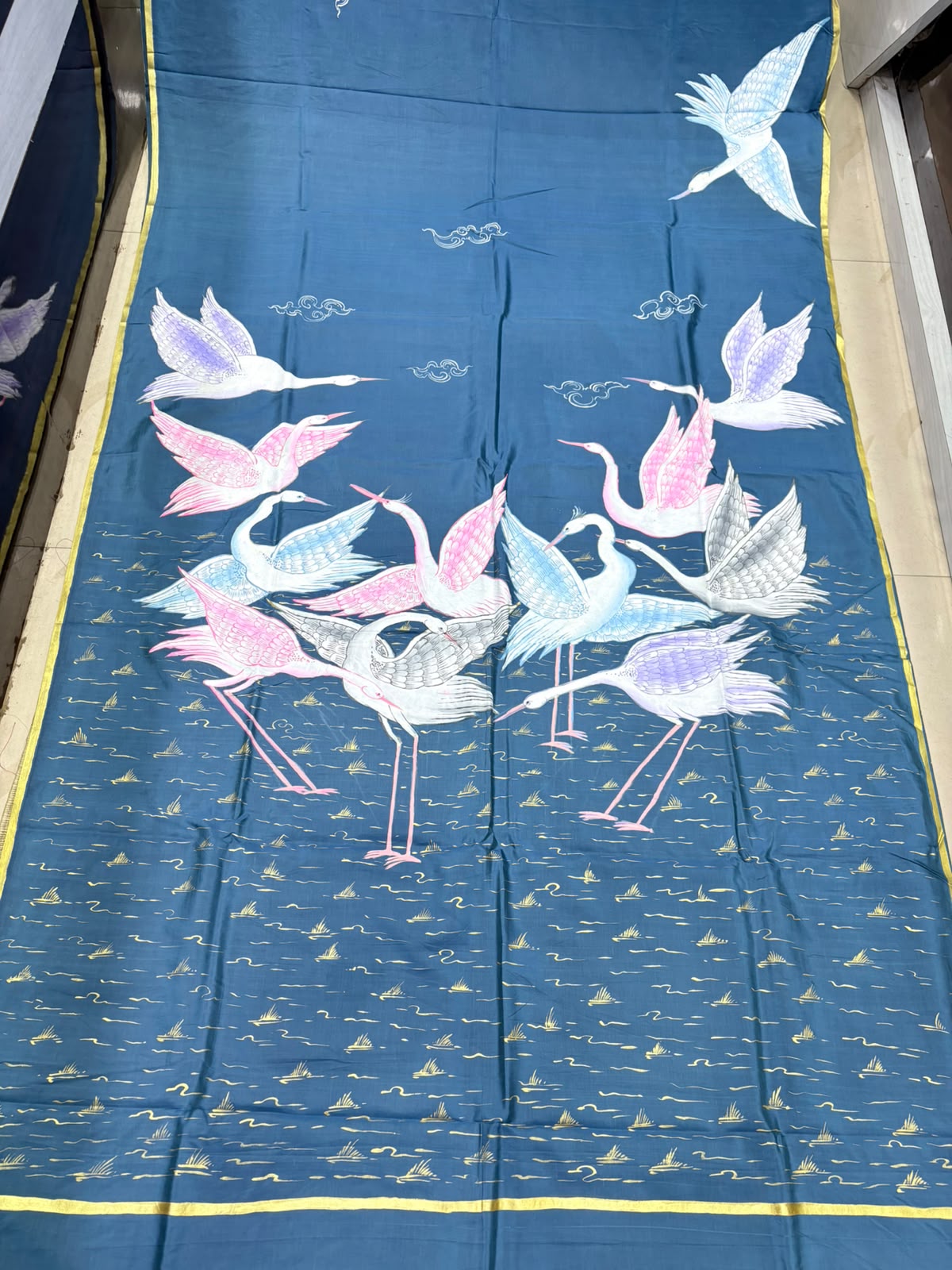 Teal blue Crane And Wetland Handpainted Pattachitra Khadi Silk Saree
