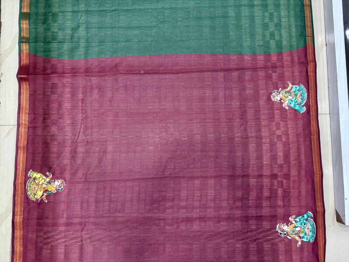 Bottle Green & Wine Maroon Radha Krishna Rassa Theme Hand-Painted Pattachitra Cotton Saree