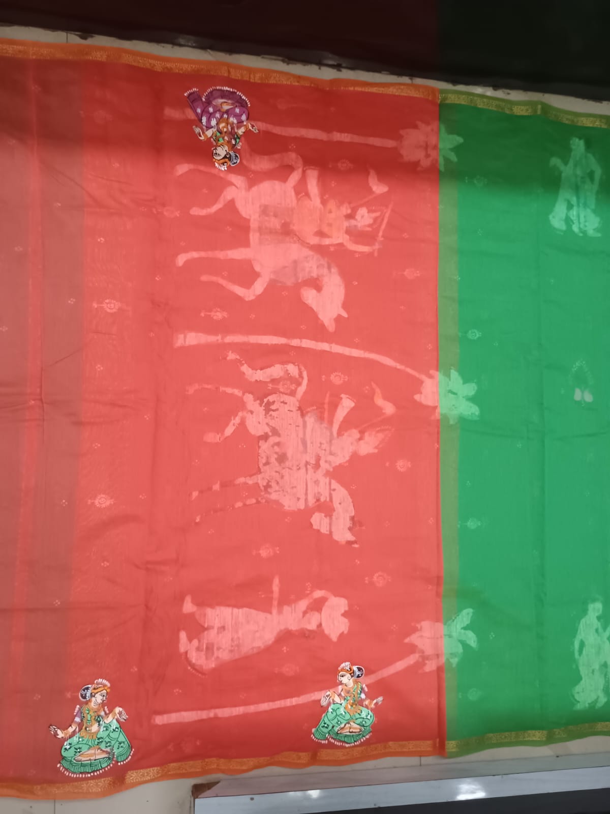 Leaf Green & Coral Red Ghoda Nacha Folk Theme Hand-Painted Pattachitra South Cotton Saree