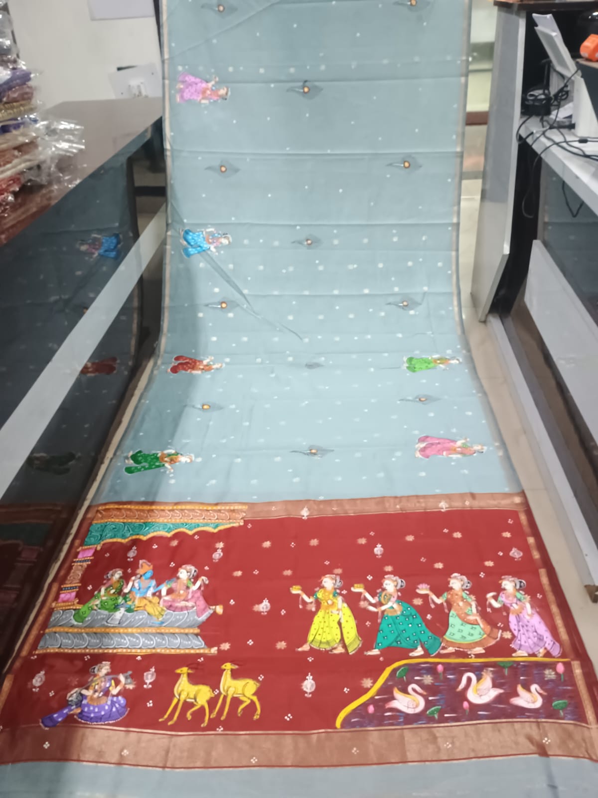 Powder Blue & Maroon Radha Krishna Astana Rasa Theme Hand-Painted Pattachitra south cotton Saree