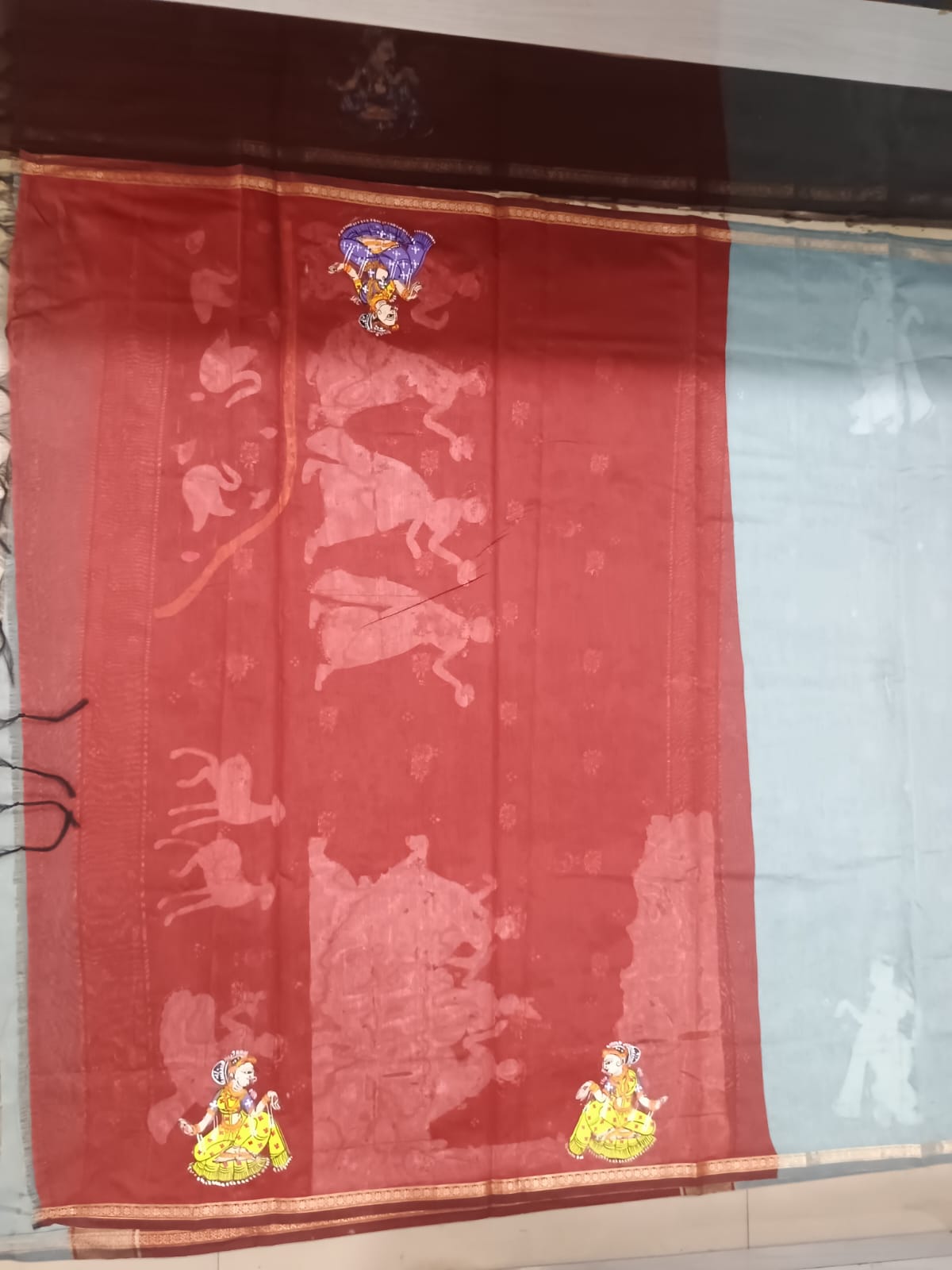 Powder Blue & Maroon Radha Krishna Astana Rasa Theme Hand-Painted Pattachitra south cotton Saree