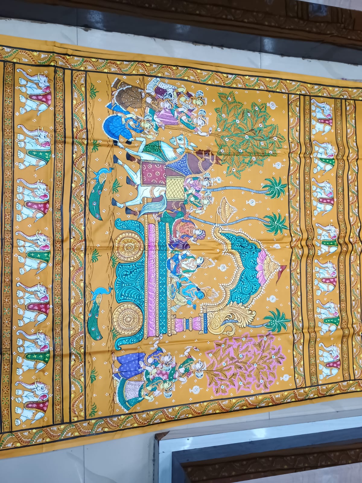 Mustard Yellow Mathura Vijay Theme Khadi Silk Hand-Painted Pattachitra Saree | Traditional Odisha Art | Bigrayn Handloom