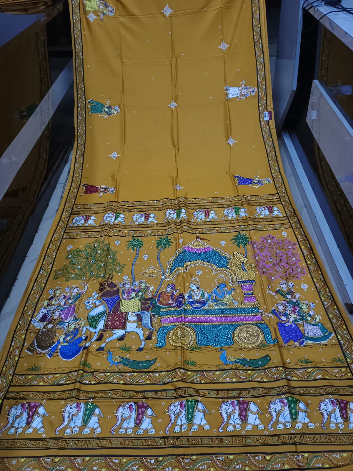 Mustard Yellow Mathura Vijay Theme Khadi Silk Hand-Painted Pattachitra Saree | Traditional Odisha Art | Bigrayn Handloom