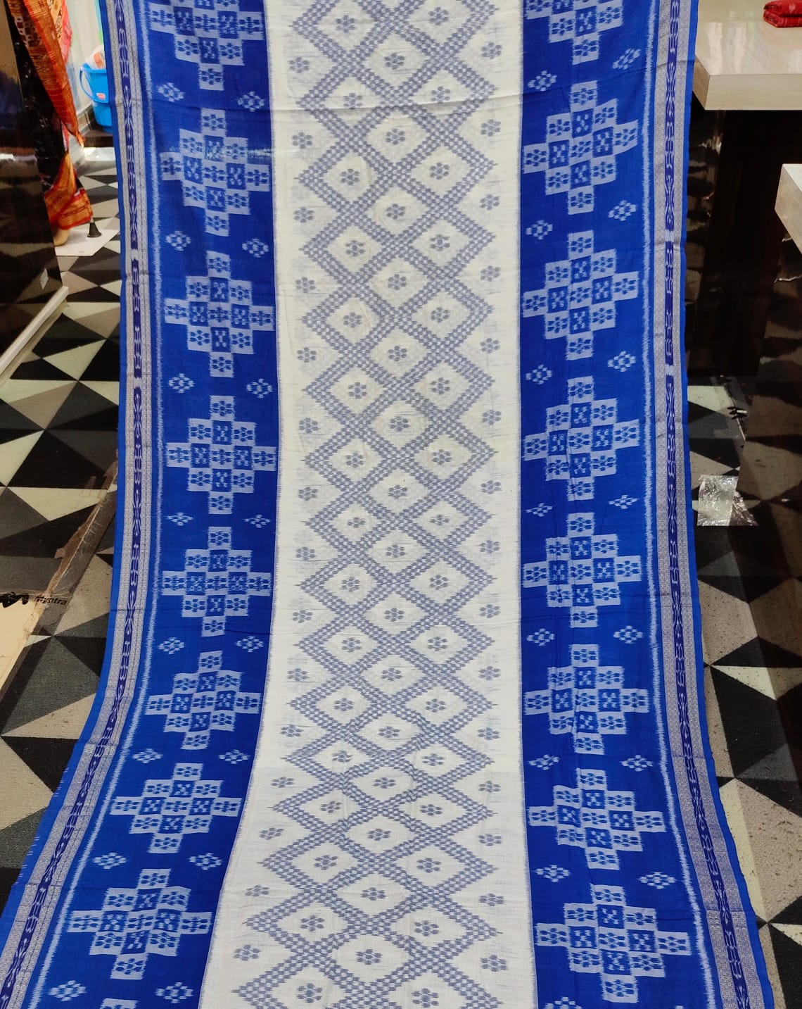 White Blue Tarabali Design Khandua Cotton Saree