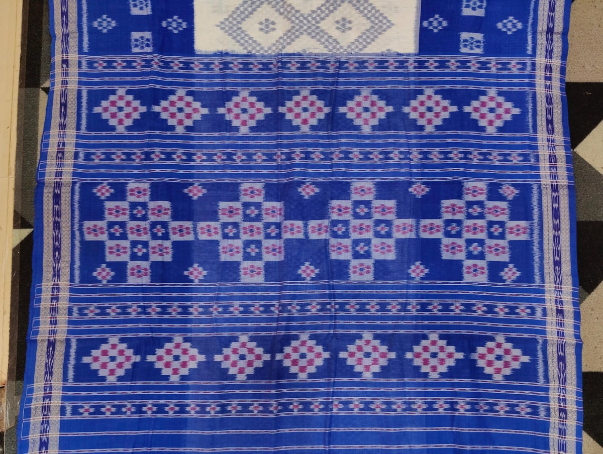 White Blue Tarabali Design Khandua Cotton Saree