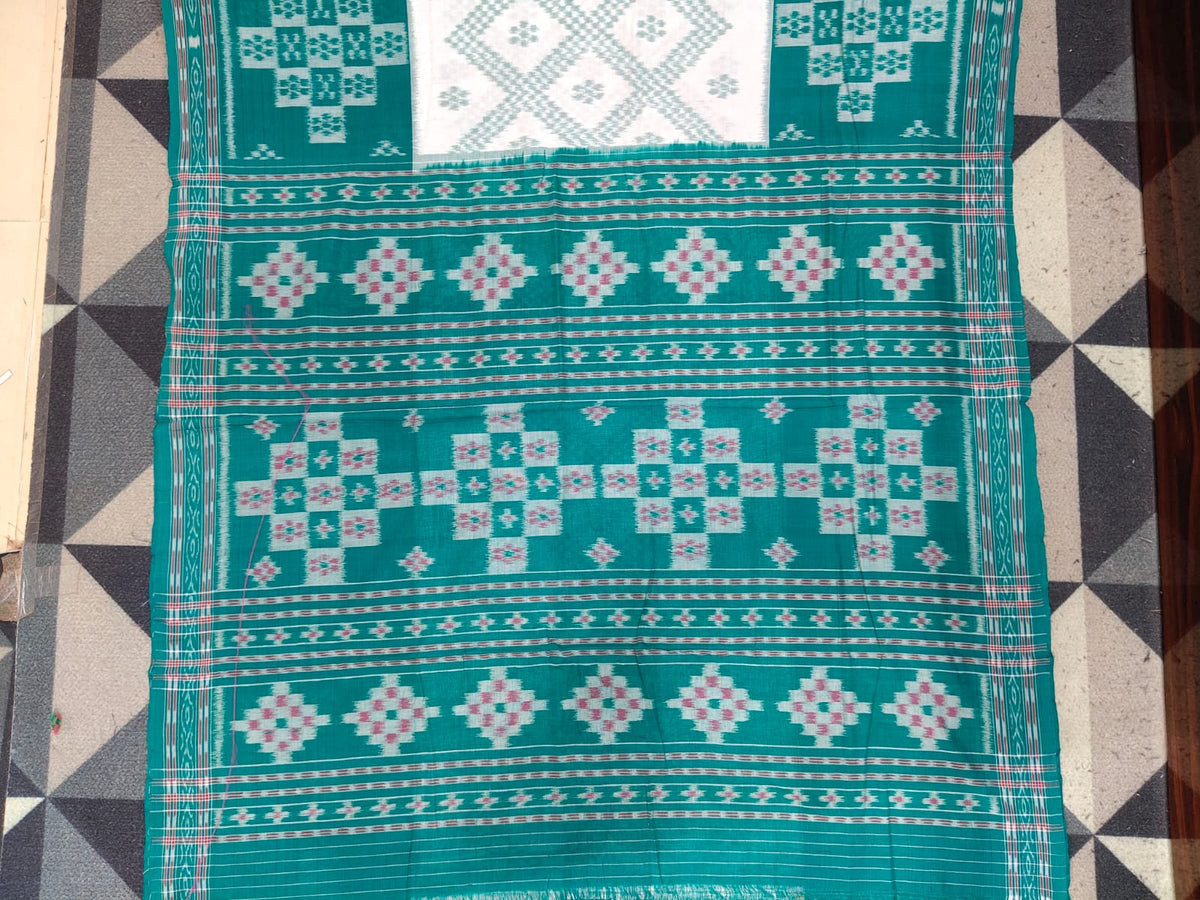White Rama Green Tarabali Design Khandua Cotton Saree
