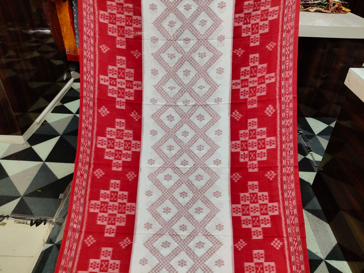 White Red Tarabali Design Khandua Cotton Saree