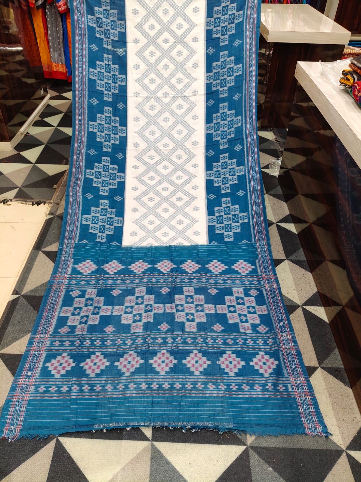 White Teal Green Tarabali Design Khandua Cotton Saree