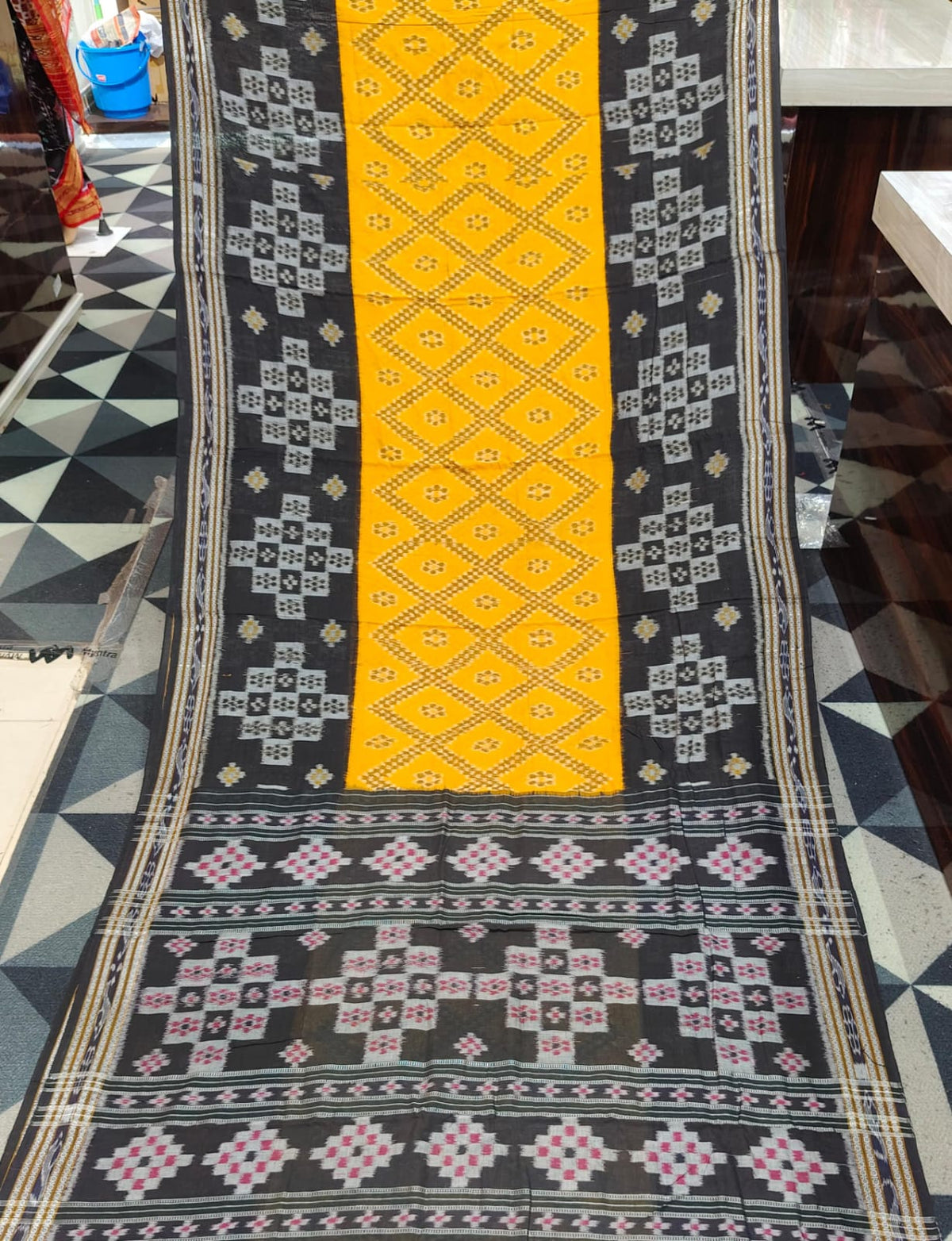 Yellow Black Tarabali Design Khandua Cotton Saree